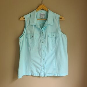 TWO Sz XL Columbia women's sleeveless button-down in light blue, peachy pink